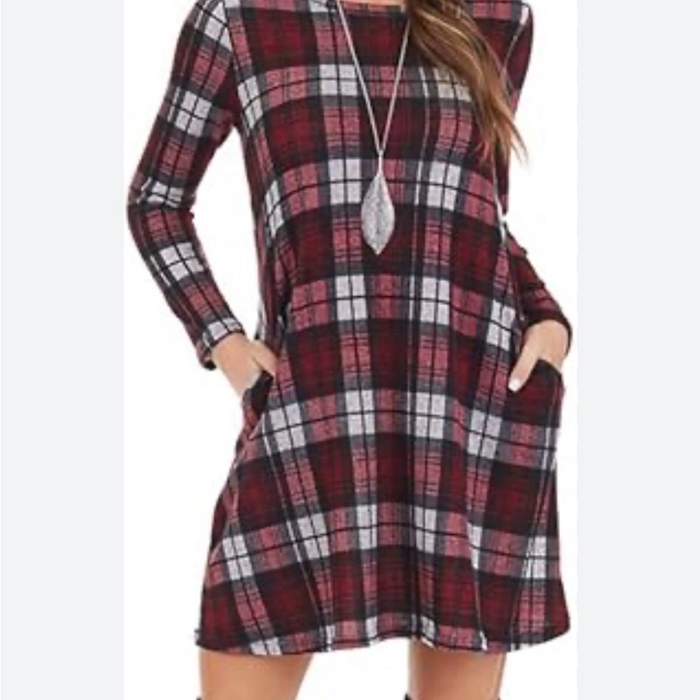 Plaid Long Sleeve Dress - Red and Black